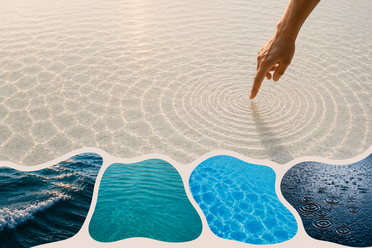 A hand touching rippling water, above a collage of ocean, sea, pool, and rain water